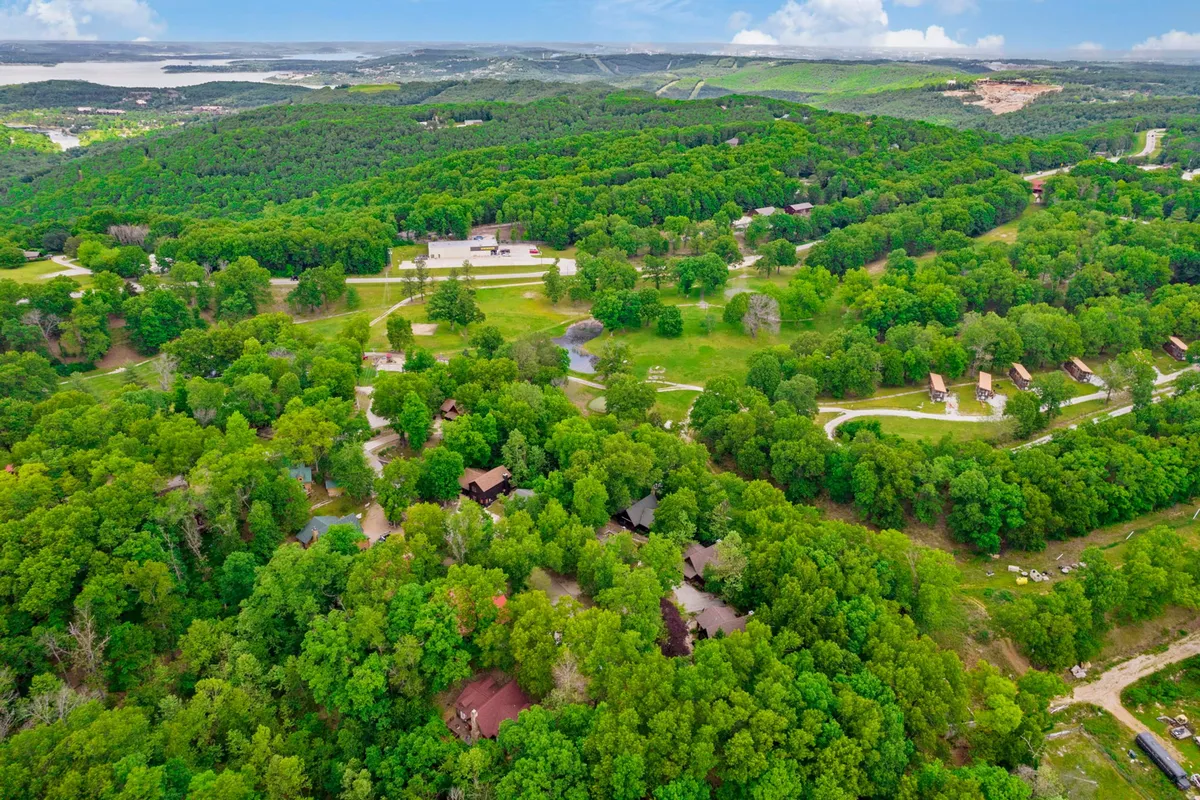 A panoramic view of lush green trees, scattered cabins, open fields, and winding paths, evoking a sense of tranquility and spaciousness. The landscape invites guests to hike, picnic, and explore with their pets.